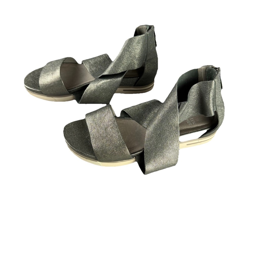 Eileen Fisher Genuine Leather Silver Metallic Sport Cross Strappy sandals 9